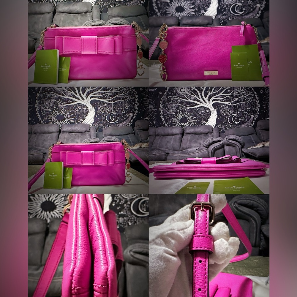 Y2K Kate Spade pink soft leather Fuchsia Crossbody Bag with strawberry keychain - Picture 9 of 17